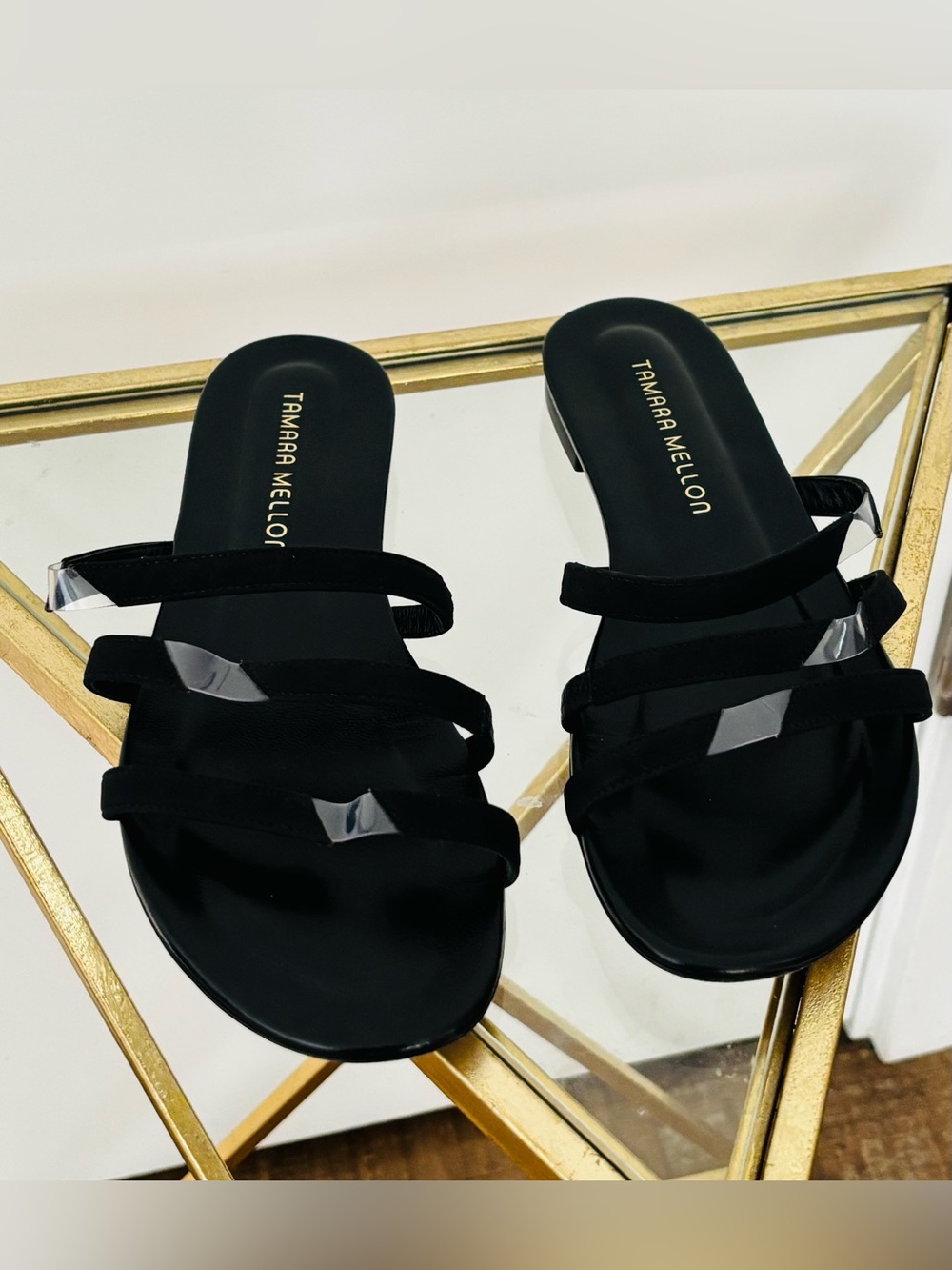 Tamara Mellon Slit Sandals Black Leather Suede slides 3 straps size 38.5